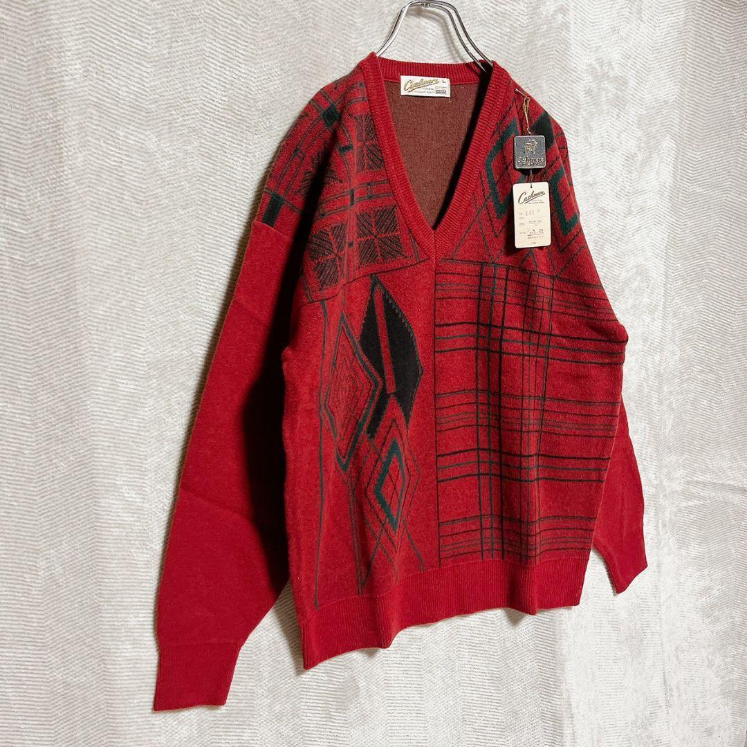 Cashmere Vネックセーター L 赤 幾何学柄 ヴィンテージ 90s 希少 — image 4