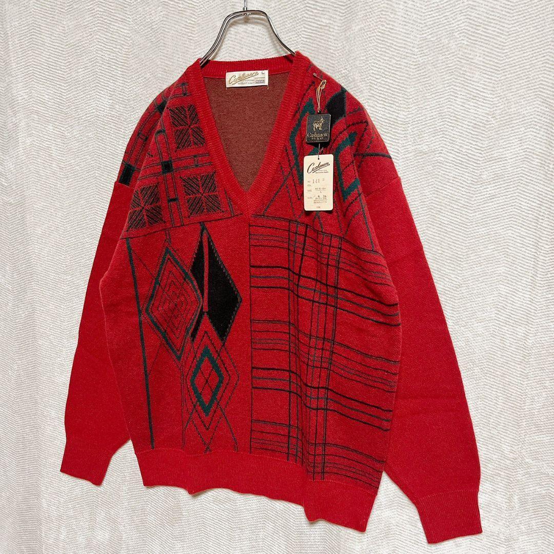 Cashmere Vネックセーター L 赤 幾何学柄 ヴィンテージ 90s 希少 — image 5