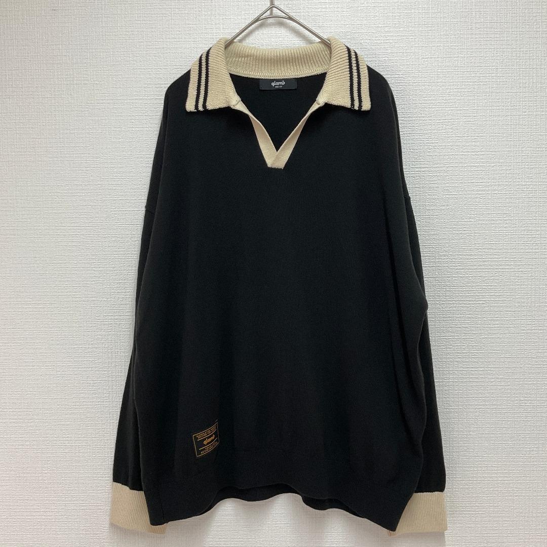 glamb ニットポロシャツ 襟ライン セパレートカラー 黒 スキッパー モード — image 2