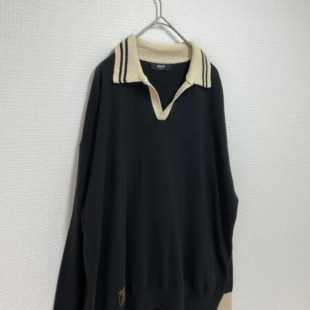 glamb ニットポロシャツ 襟ライン セパレートカラー 黒 スキッパー モード — image 3