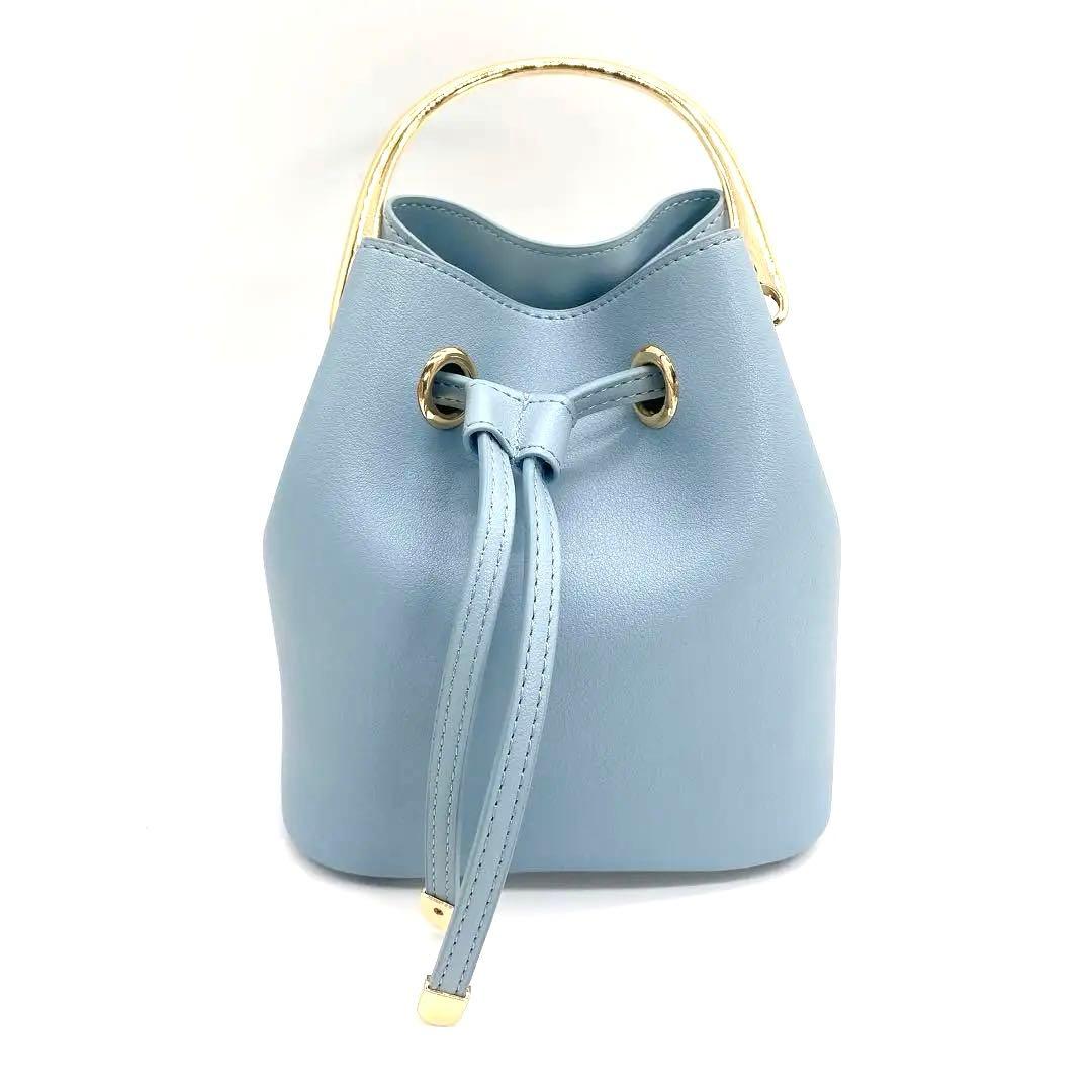 【美品】巾着型ミニハンドバッグ ブルー 系ゴールド金具 — image 2