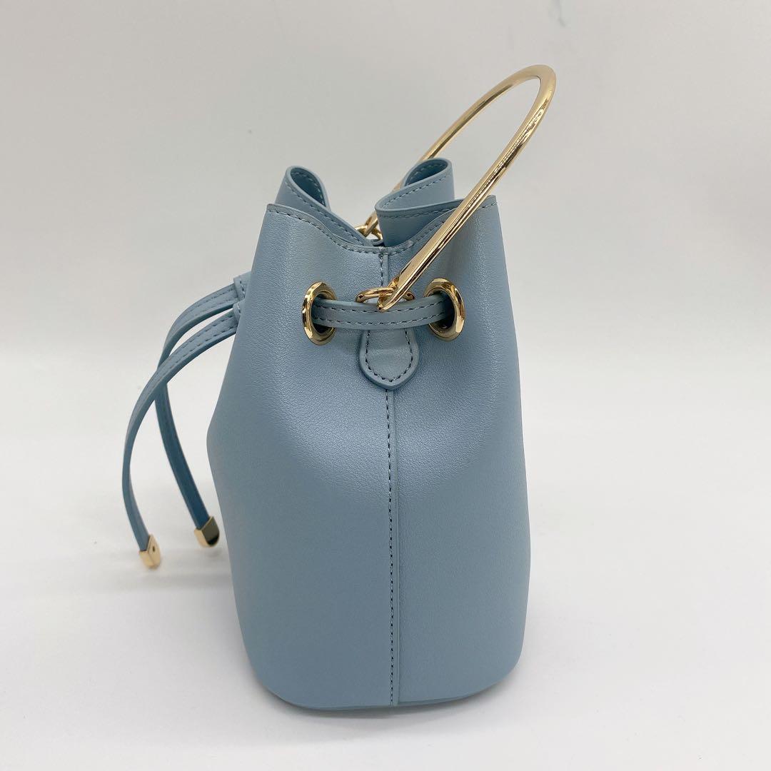 【美品】巾着型ミニハンドバッグ ブルー 系ゴールド金具 — image 3