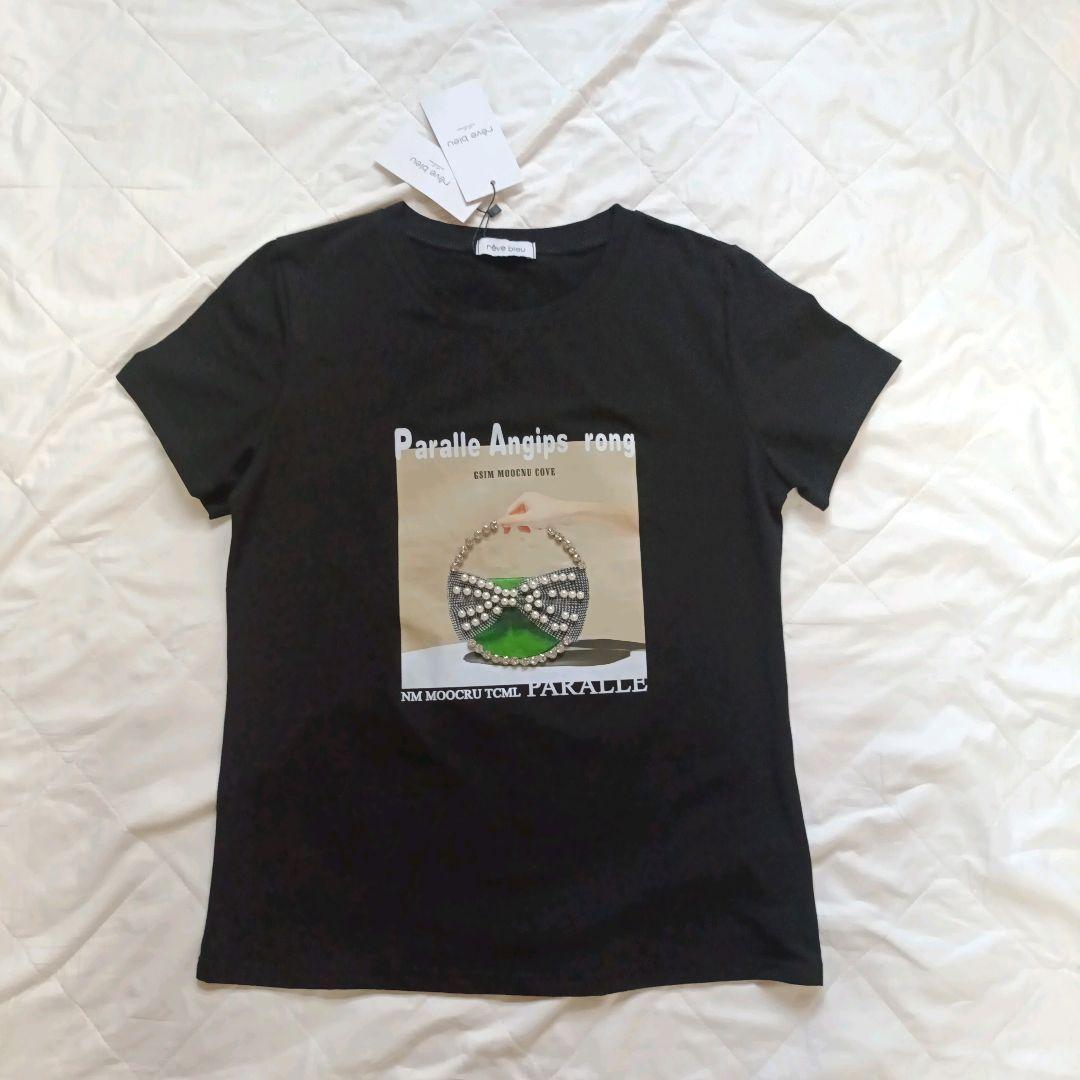 新品 reve bleu ラインストーン&パール Tシャツ 半袖 ティシャツ 黒 — image 3