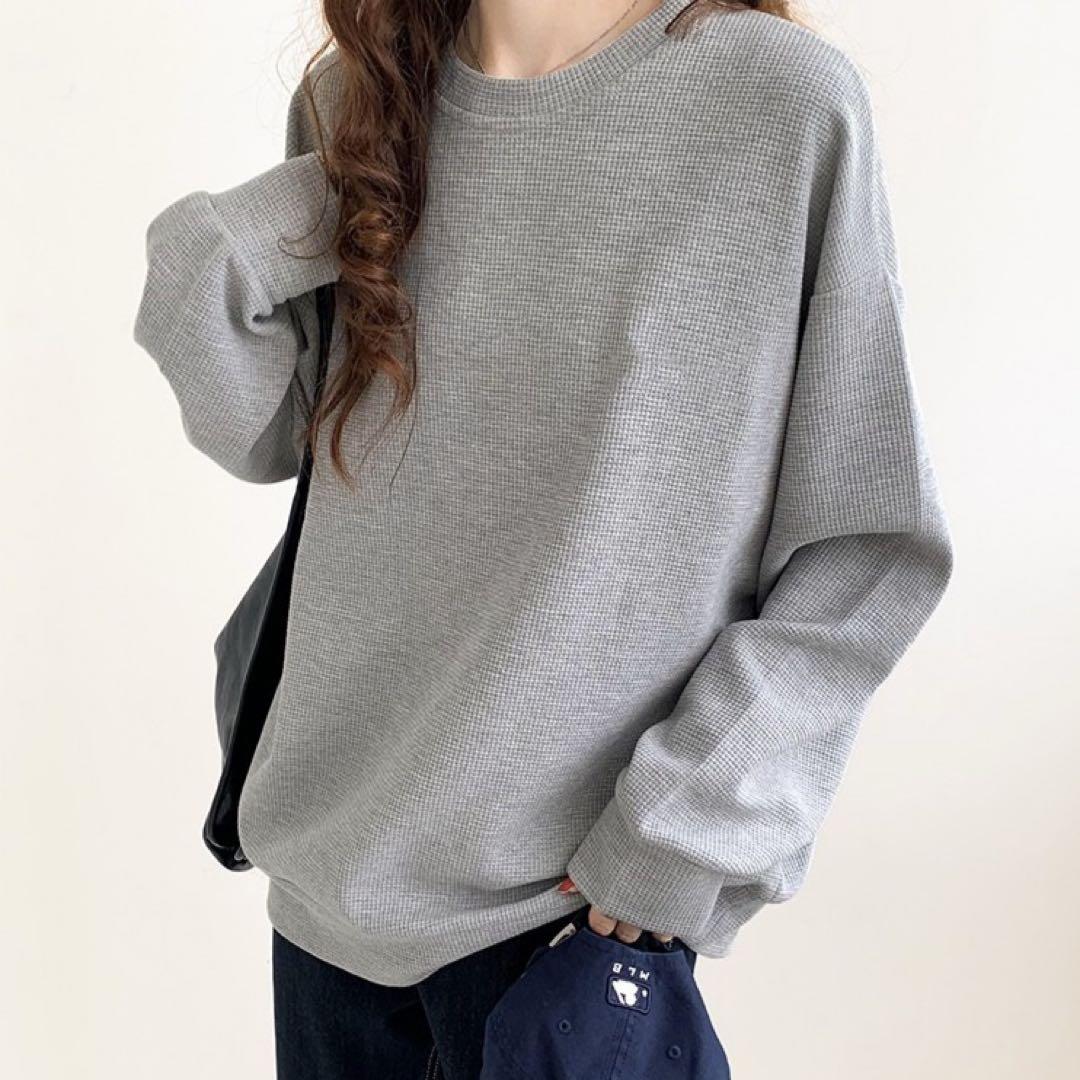 ワッフル素材 長袖 カットソー ゆったり グレー 韓国 シンプル トップス — image 4
