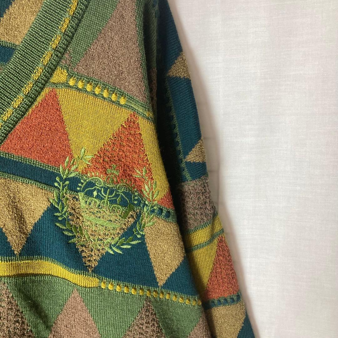 レトロ古着エンブレム刺繍ロゴ×グリーン総柄ニットゆったりサイズ — image 2