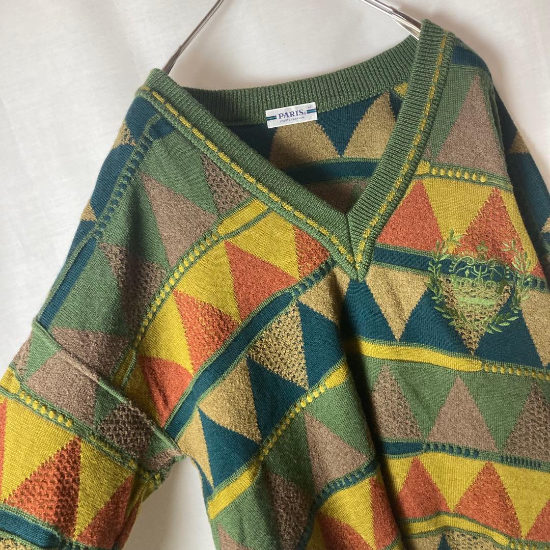 レトロ古着エンブレム刺繍ロゴ×グリーン総柄ニットゆったりサイズ — image 5