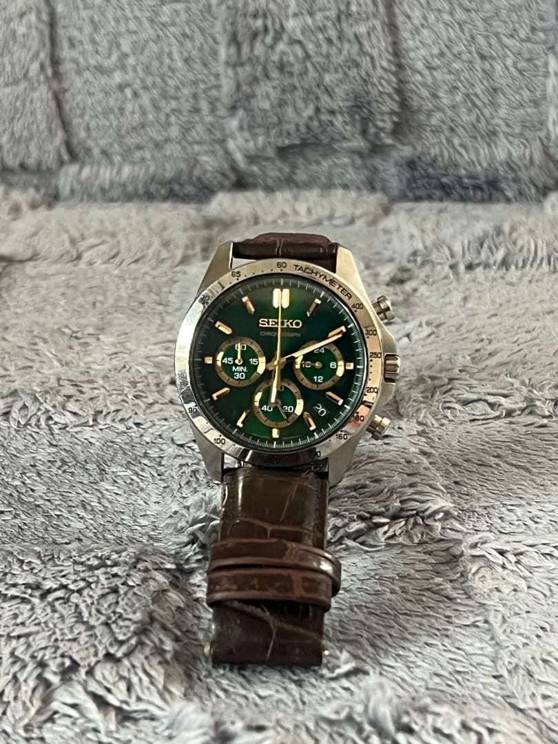 SEIKO クロノグラフ グリーン文字盤 ブラウンレザーベルト — image 2