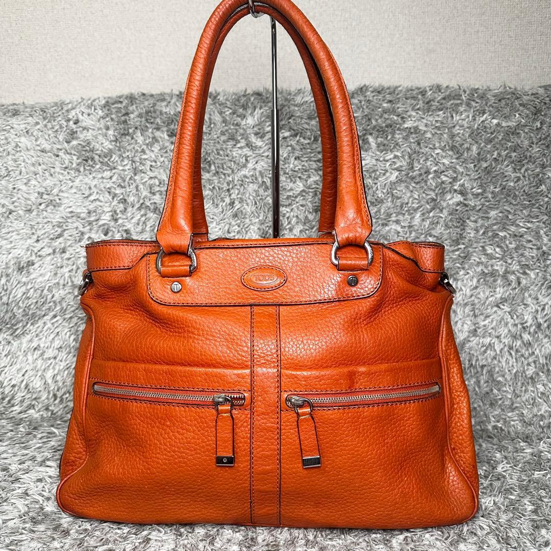 【美品】TOD'S　トート　ボストンバッグ　A4 大容量　シボ　オレンジ — image 2