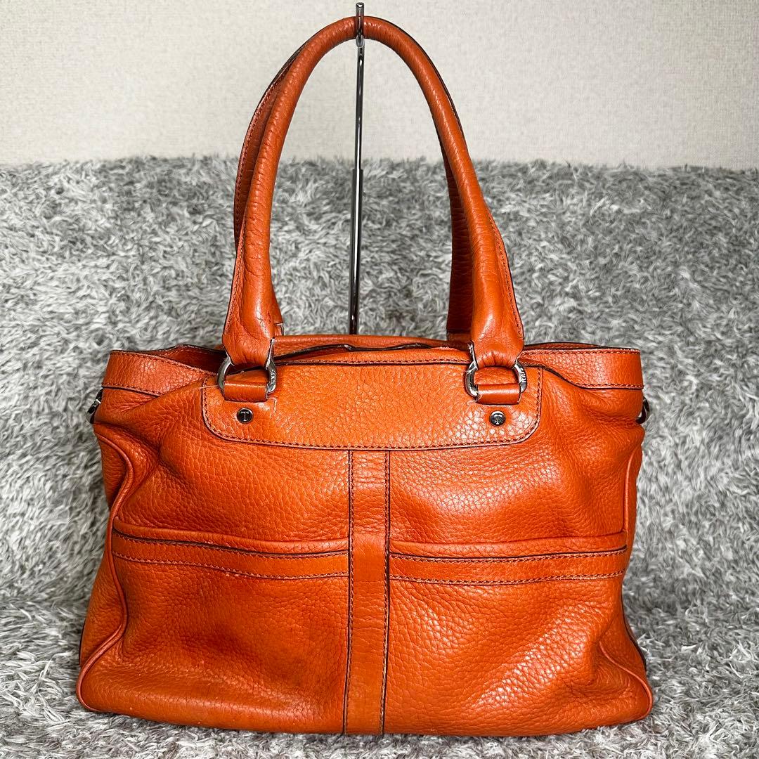 【美品】TOD'S　トート　ボストンバッグ　A4 大容量　シボ　オレンジ — image 5