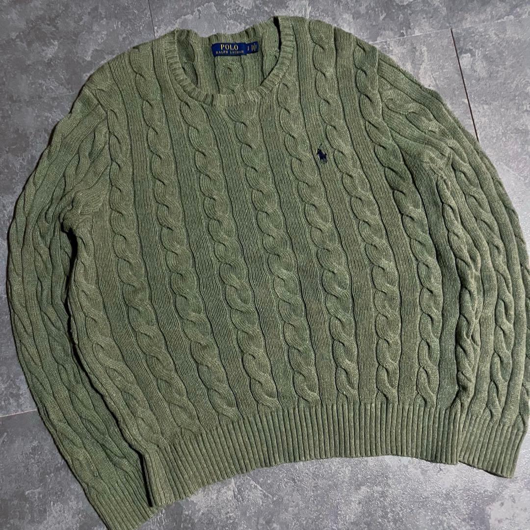 POLO ポロ　ラルフローレン　ニット　ケーブル　カーキ　コットン — image 2