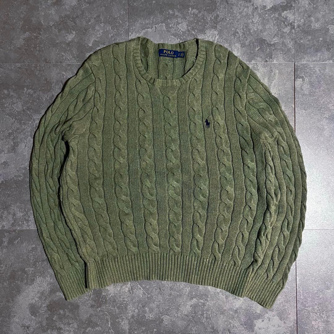 POLO ポロ　ラルフローレン　ニット　ケーブル　カーキ　コットン — image 3