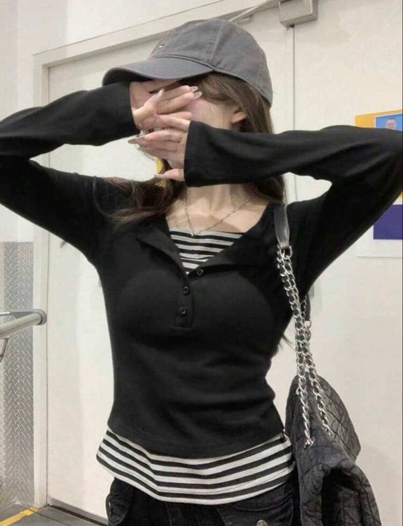 レイヤード風 長袖カットソー ブラック — image 2