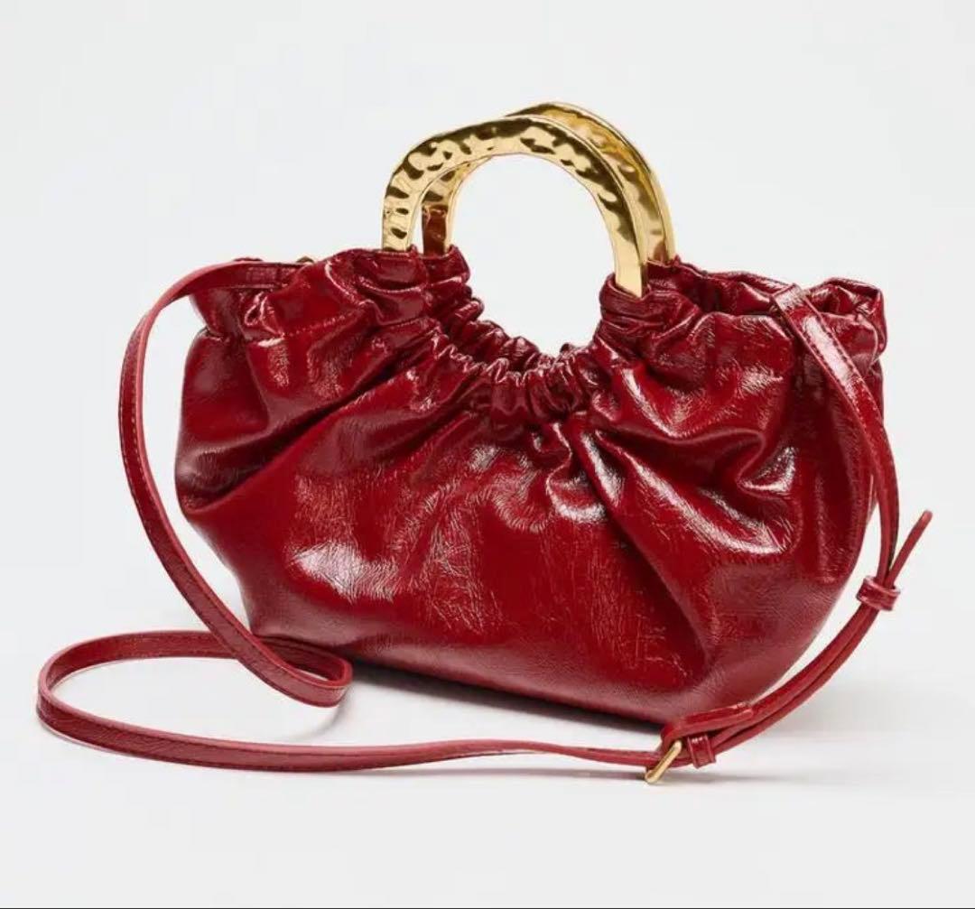 ZARA ギャザー ハンドル ハンド ショルダー バッグ レッド — image 4