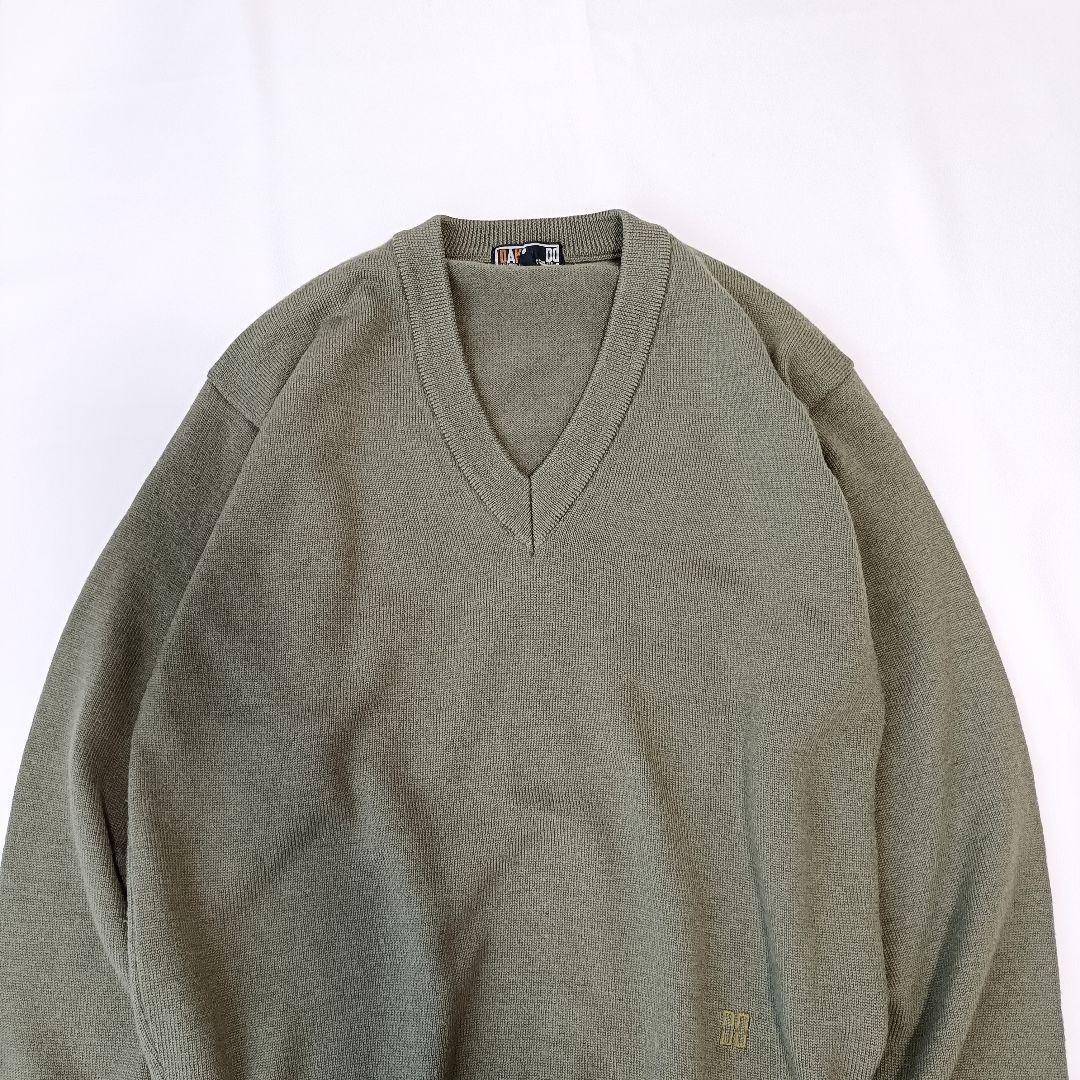 【ダックス/DAKS】長袖セーター　ウール　刺繍ロゴ　カーキ　無地　Vネック　M — image 3