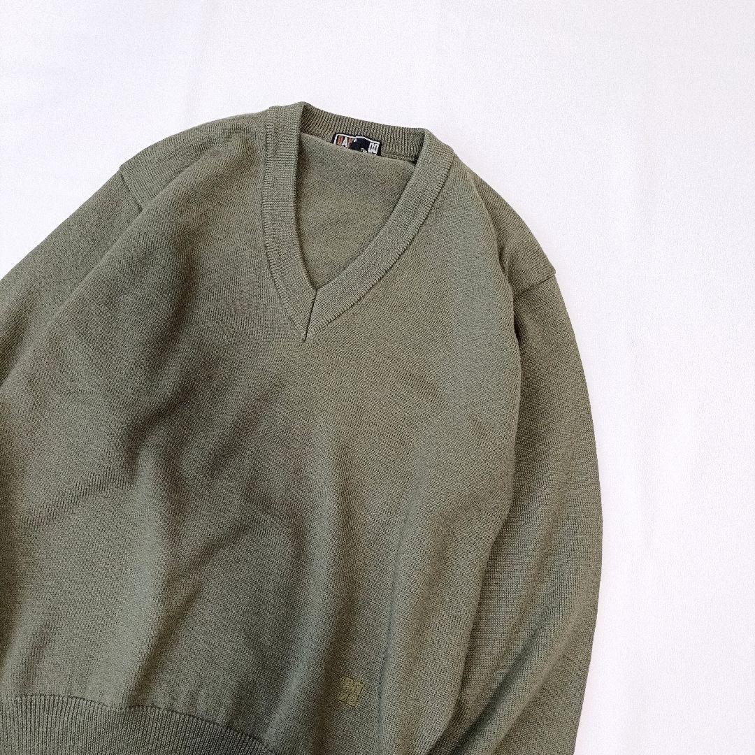 【ダックス/DAKS】長袖セーター　ウール　刺繍ロゴ　カーキ　無地　Vネック　M — image 4