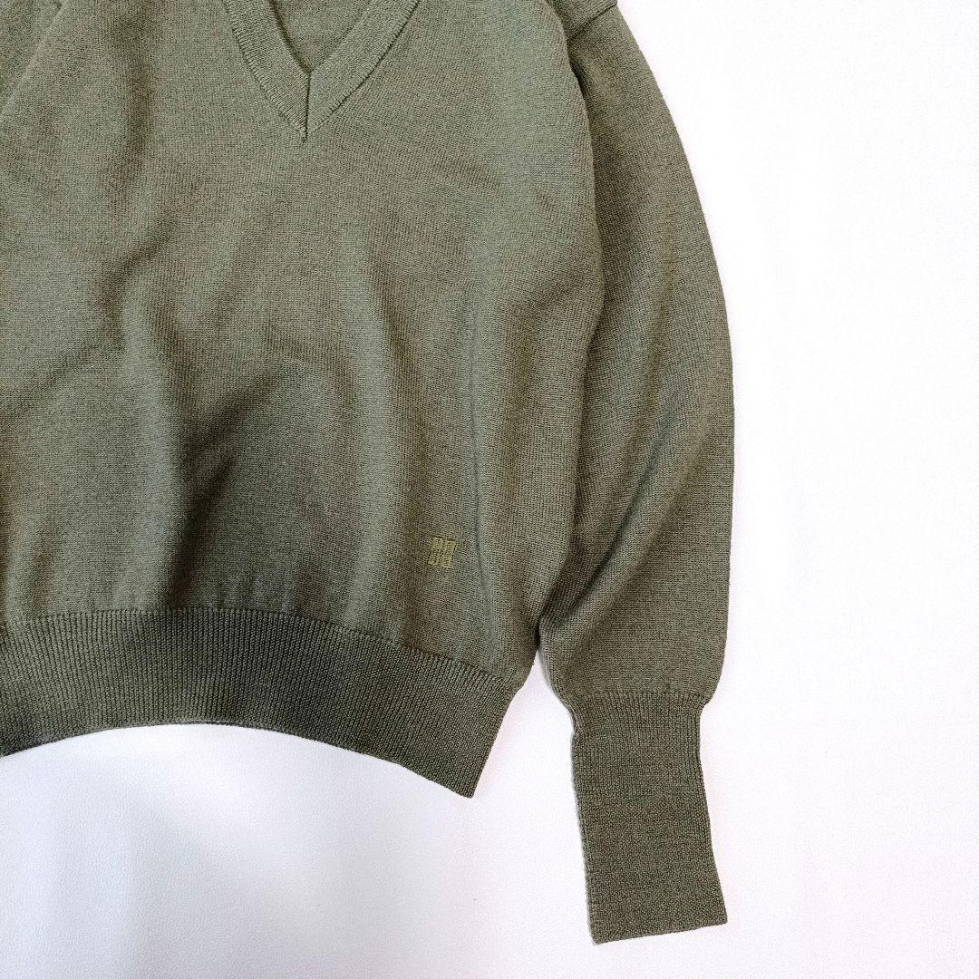 【ダックス/DAKS】長袖セーター　ウール　刺繍ロゴ　カーキ　無地　Vネック　M — image 5