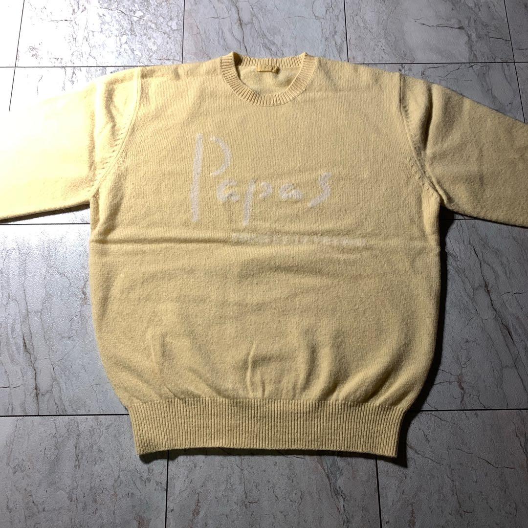 Papas クルーネック ラムウール ニット セーター クリーム色 黄色 M — image 3