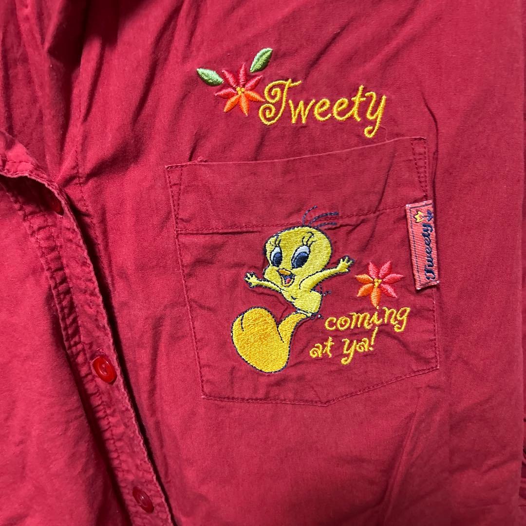 Looney Tunes トゥイーティー 刺繍 シャツ レッド XL y2k — image 4