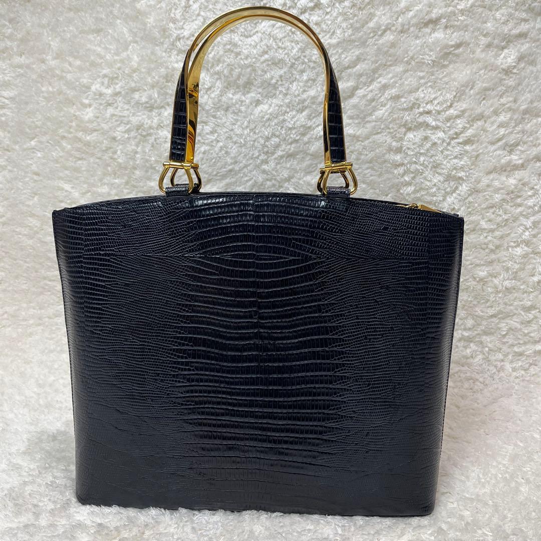 【美品】WAKO ハンドバッグ レザー クロコ型押し ゴールド金具 自立 黒 — image 3