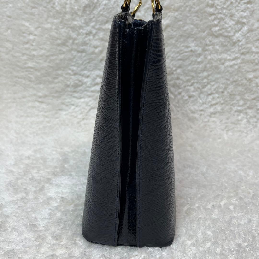 【美品】WAKO ハンドバッグ レザー クロコ型押し ゴールド金具 自立 黒 — image 4