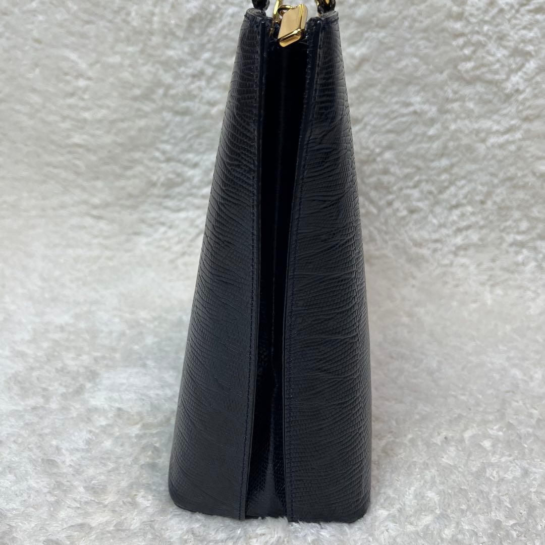 【美品】WAKO ハンドバッグ レザー クロコ型押し ゴールド金具 自立 黒 — image 5
