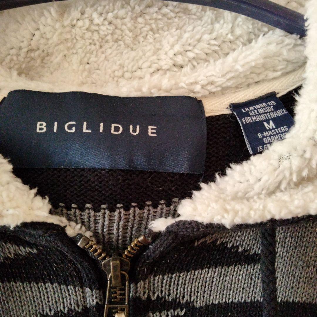 BIGLIDUE ジップアップフード付きニット M 黒・グレー — image 2