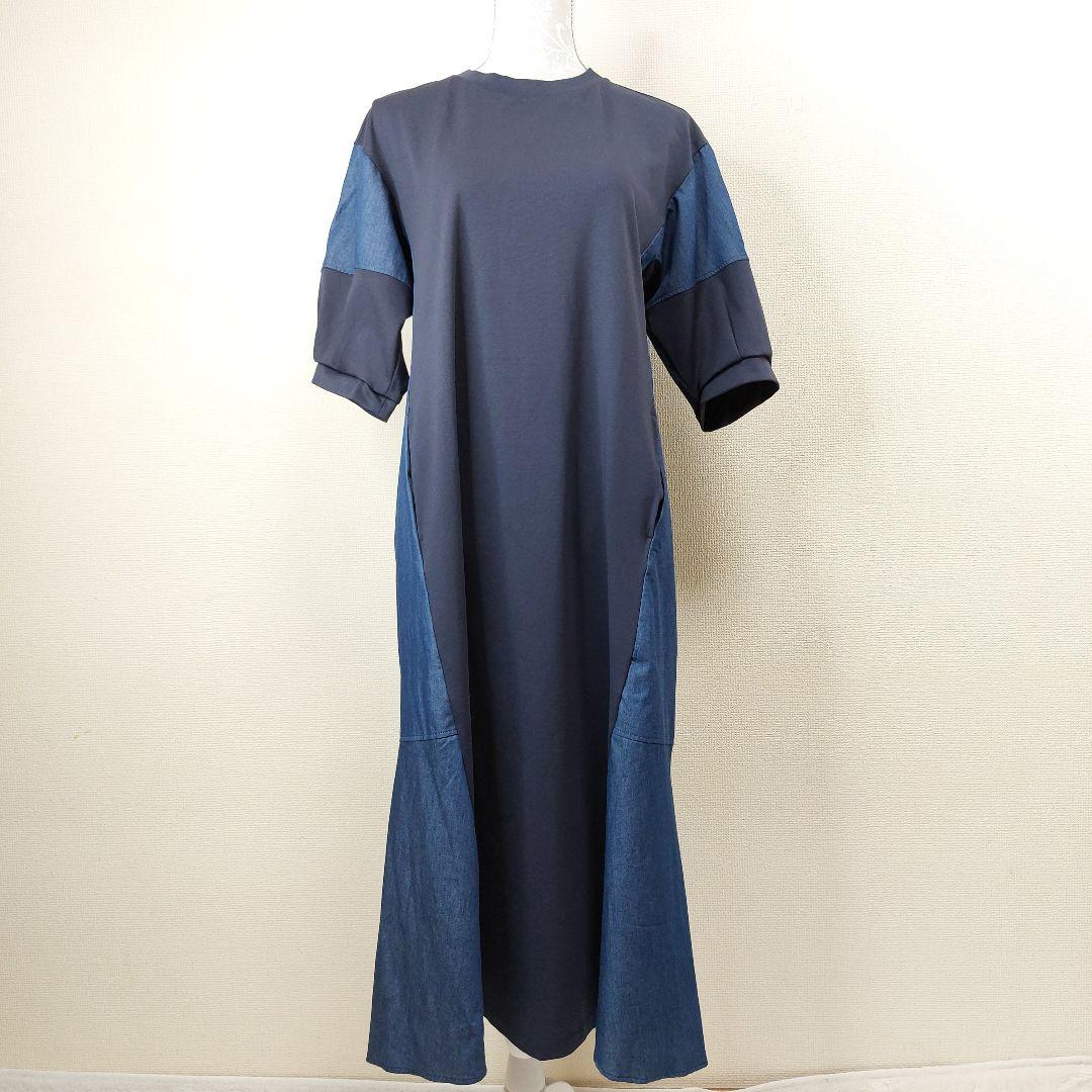 【新品】アウィーエフ デニム　異素材 ワンピース 　ネイビー　３８ — image 2
