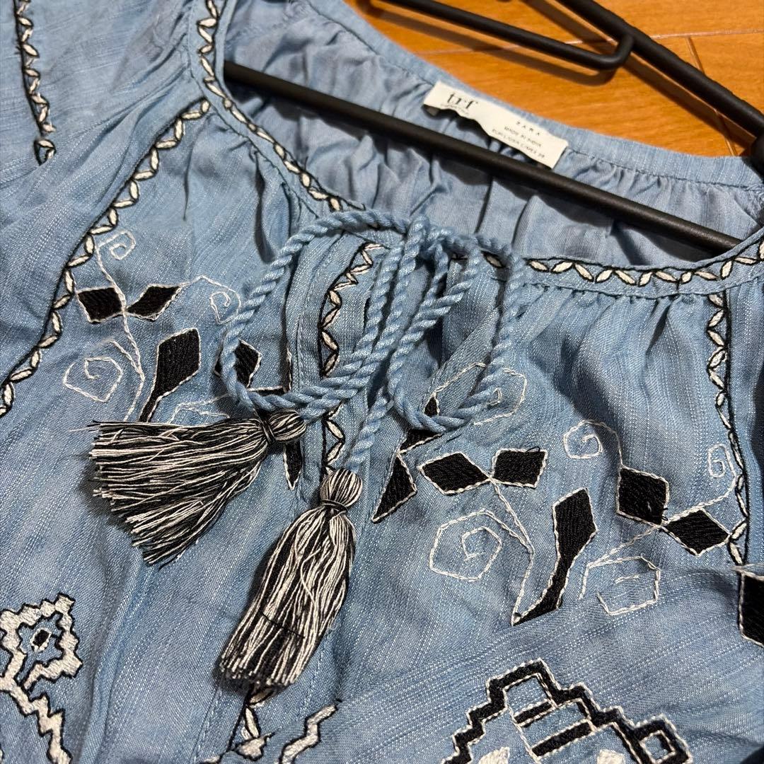 ★美品★ZARA trf 刺繍入り 長袖 チュニック ライトブルー ★L★ — image 4