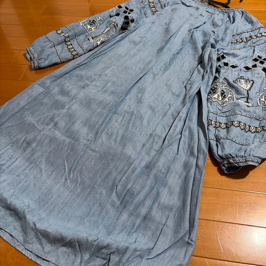 ★美品★ZARA trf 刺繍入り 長袖 チュニック ライトブルー ★L★ — image 5