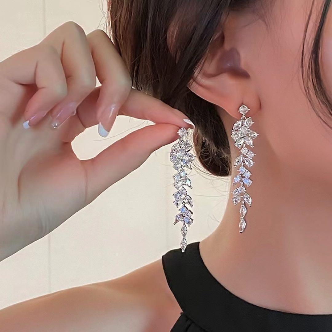 イヤリング キラキラ　リーフ ロング シルバー 結婚式 パーティー　上品　お呼ば — image 5