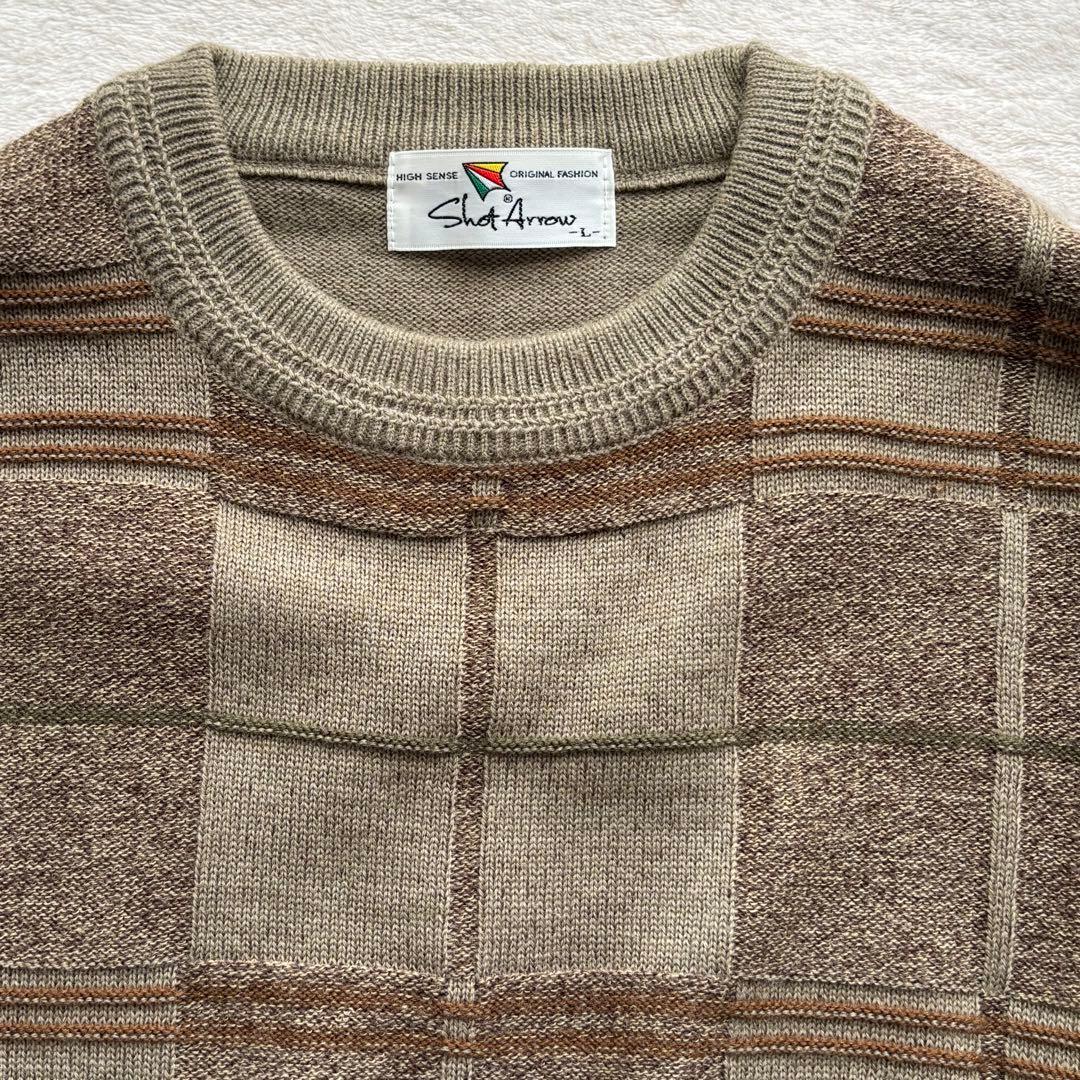 Shot Arrow 総柄チェック柄 クルーネックニットセーター 長袖 ベージュ — image 3