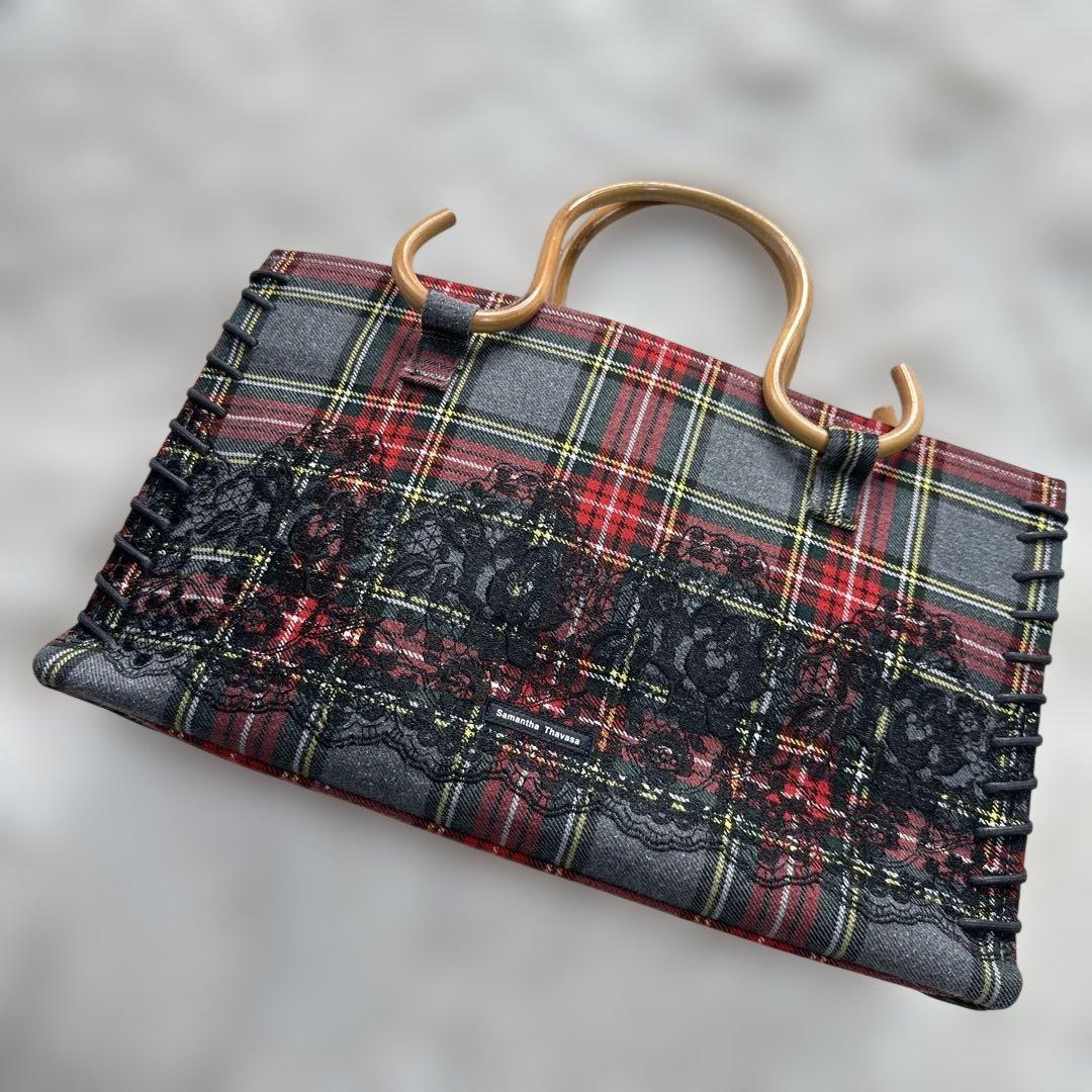 【美品】Samantha Thavasa ウッドハンドル チェック レース — image 2