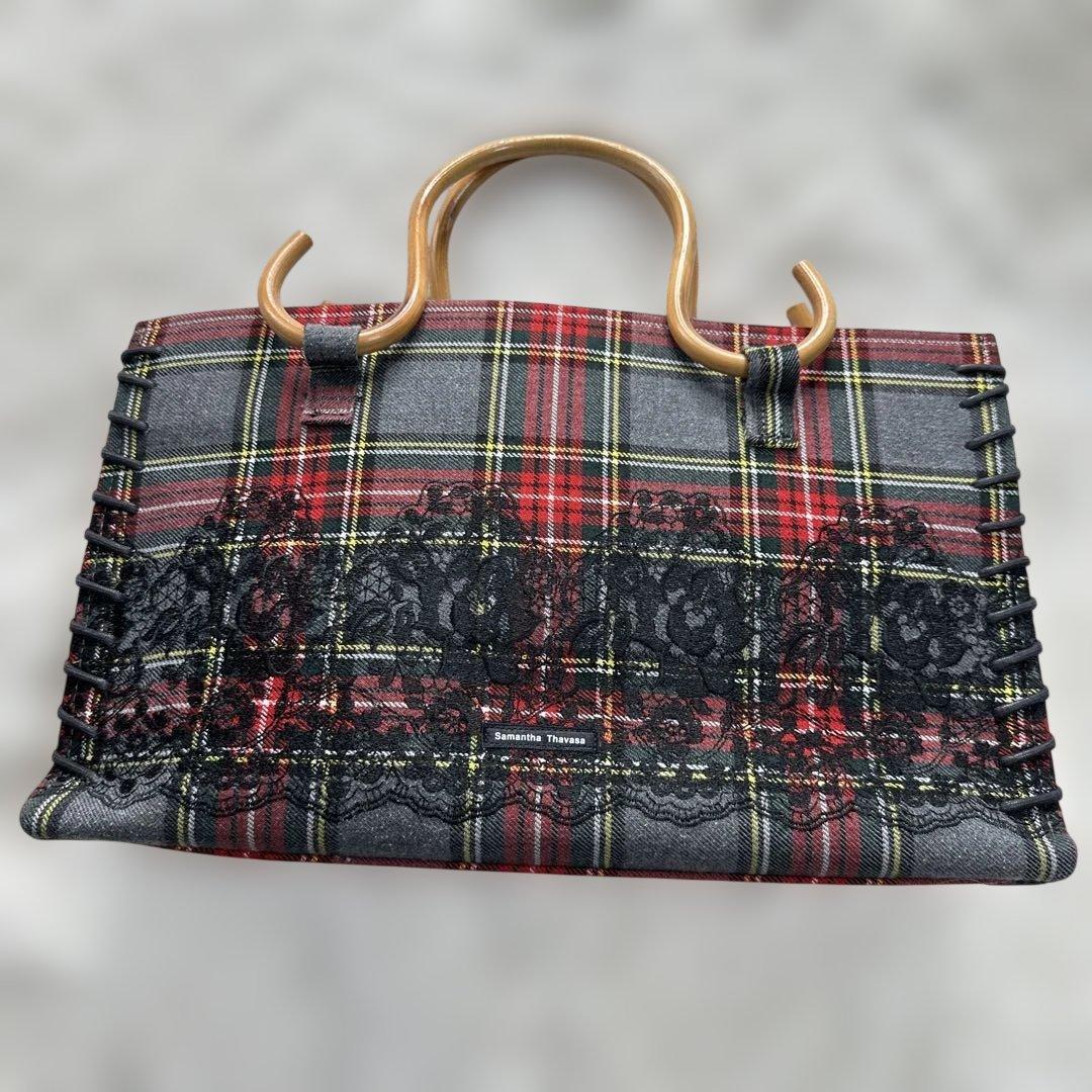 【美品】Samantha Thavasa ウッドハンドル チェック レース — image 3