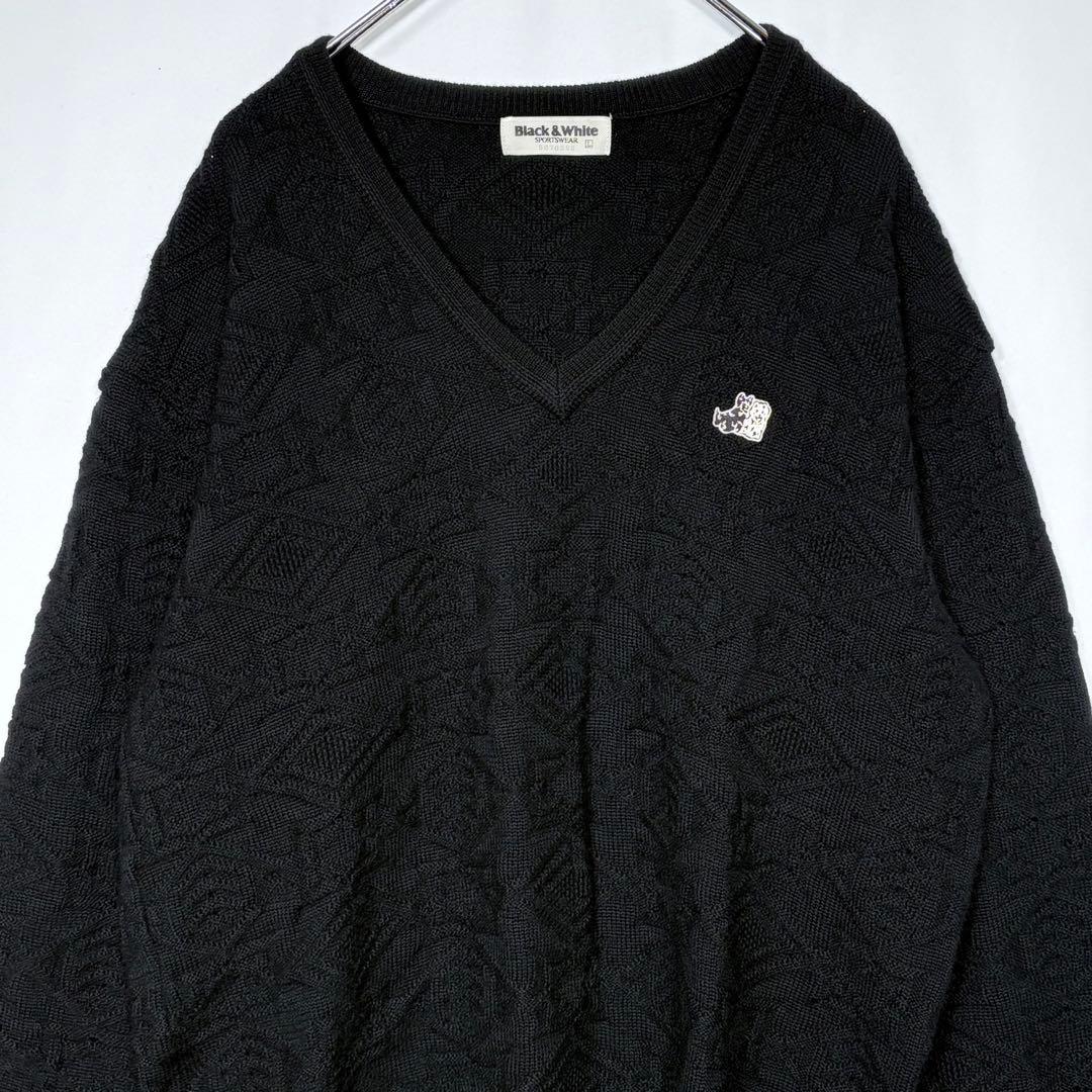Black & White 刺繍ロゴ 犬Vネックニット L 黒 古着 日本製 — image 3