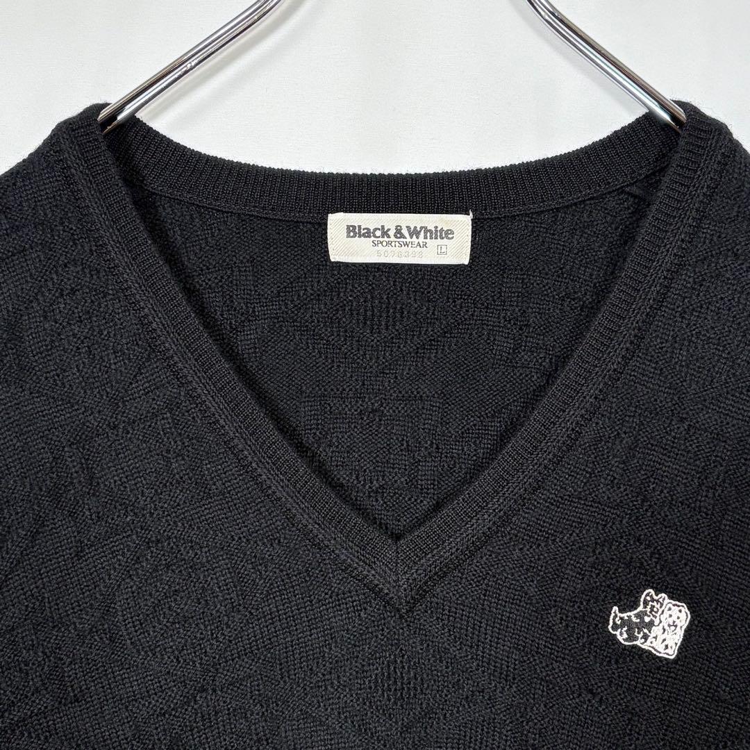 Black & White 刺繍ロゴ 犬Vネックニット L 黒 古着 日本製 — image 5