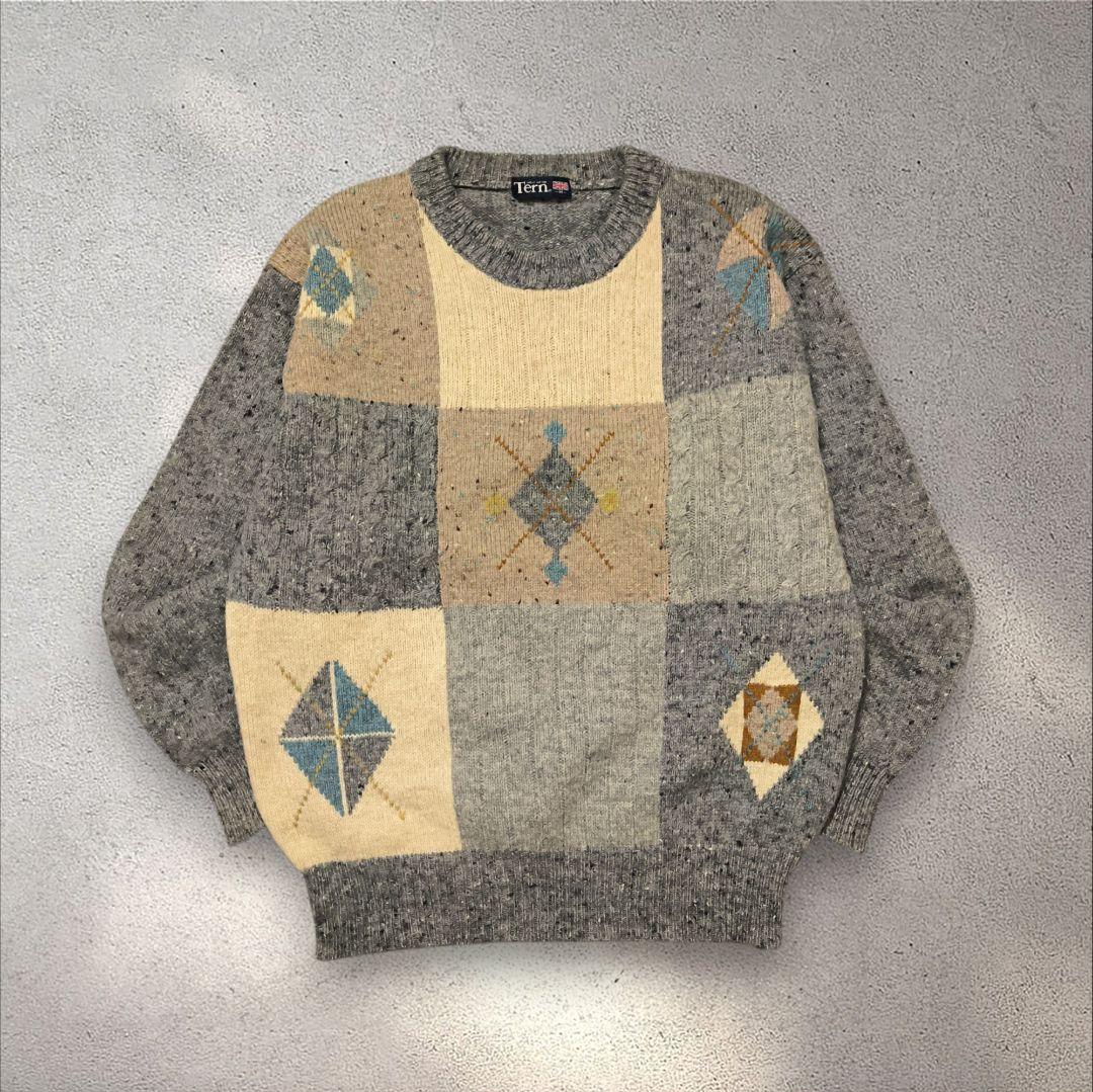 パッチワーク柄 ニット セーター ウール100% クルーネック グレー M 古着 — image 2