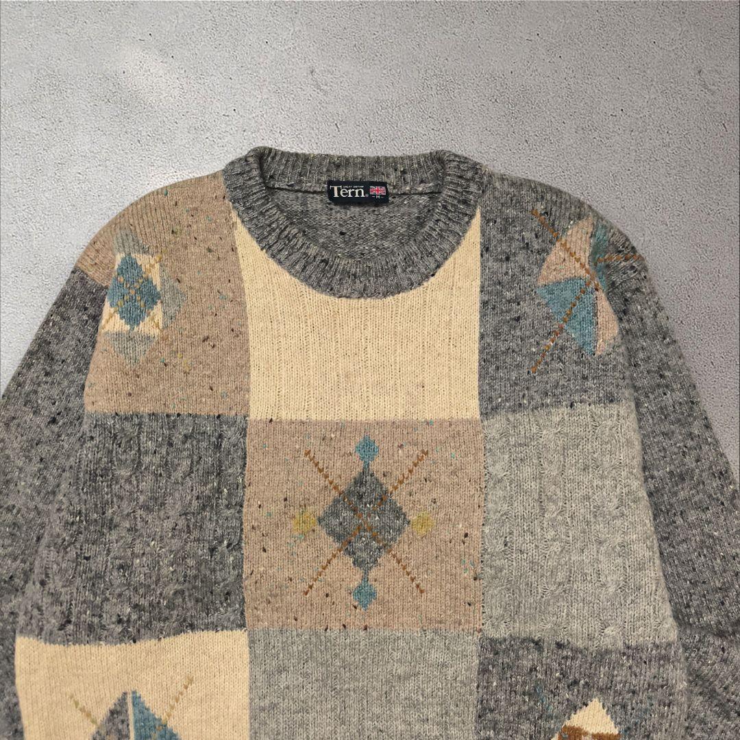 パッチワーク柄 ニット セーター ウール100% クルーネック グレー M 古着 — image 4