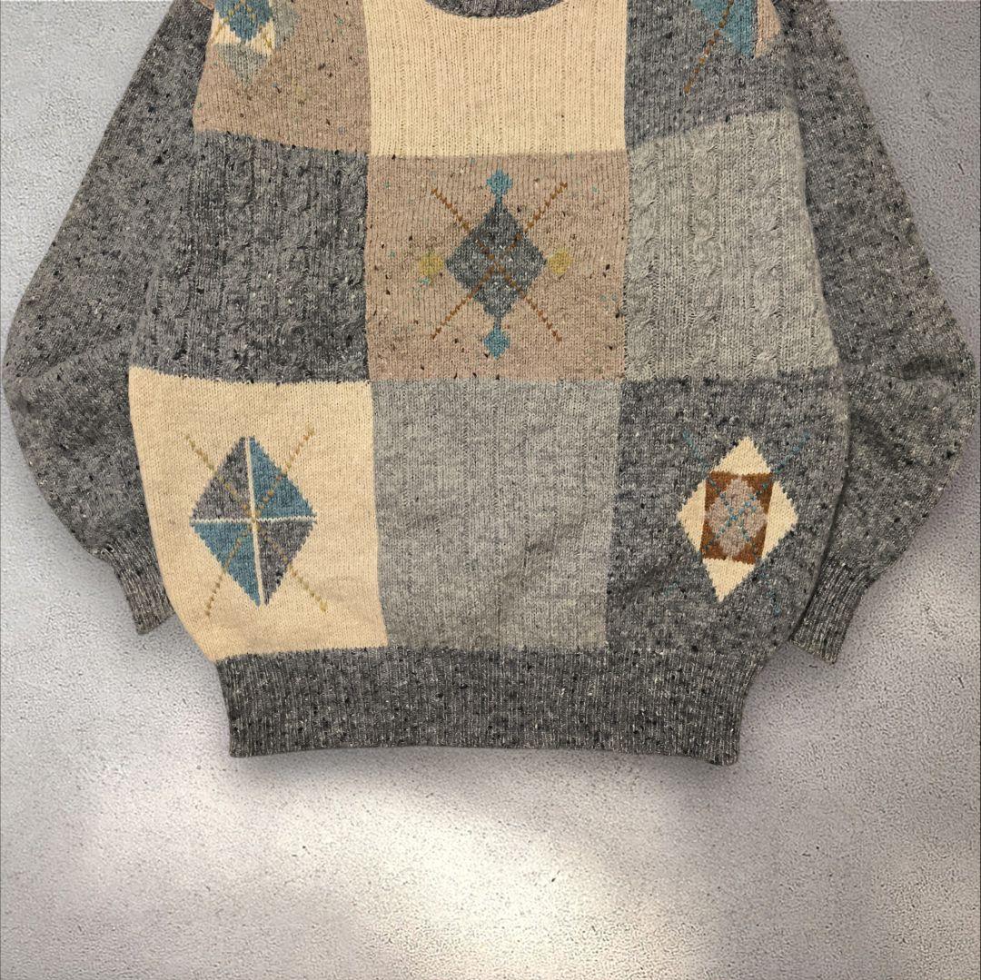 パッチワーク柄 ニット セーター ウール100% クルーネック グレー M 古着 — image 5