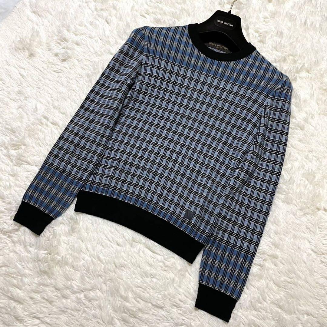 美品 ルイヴィトン グラデーションチェック Vレザー ニット セーター 水色 — image 4