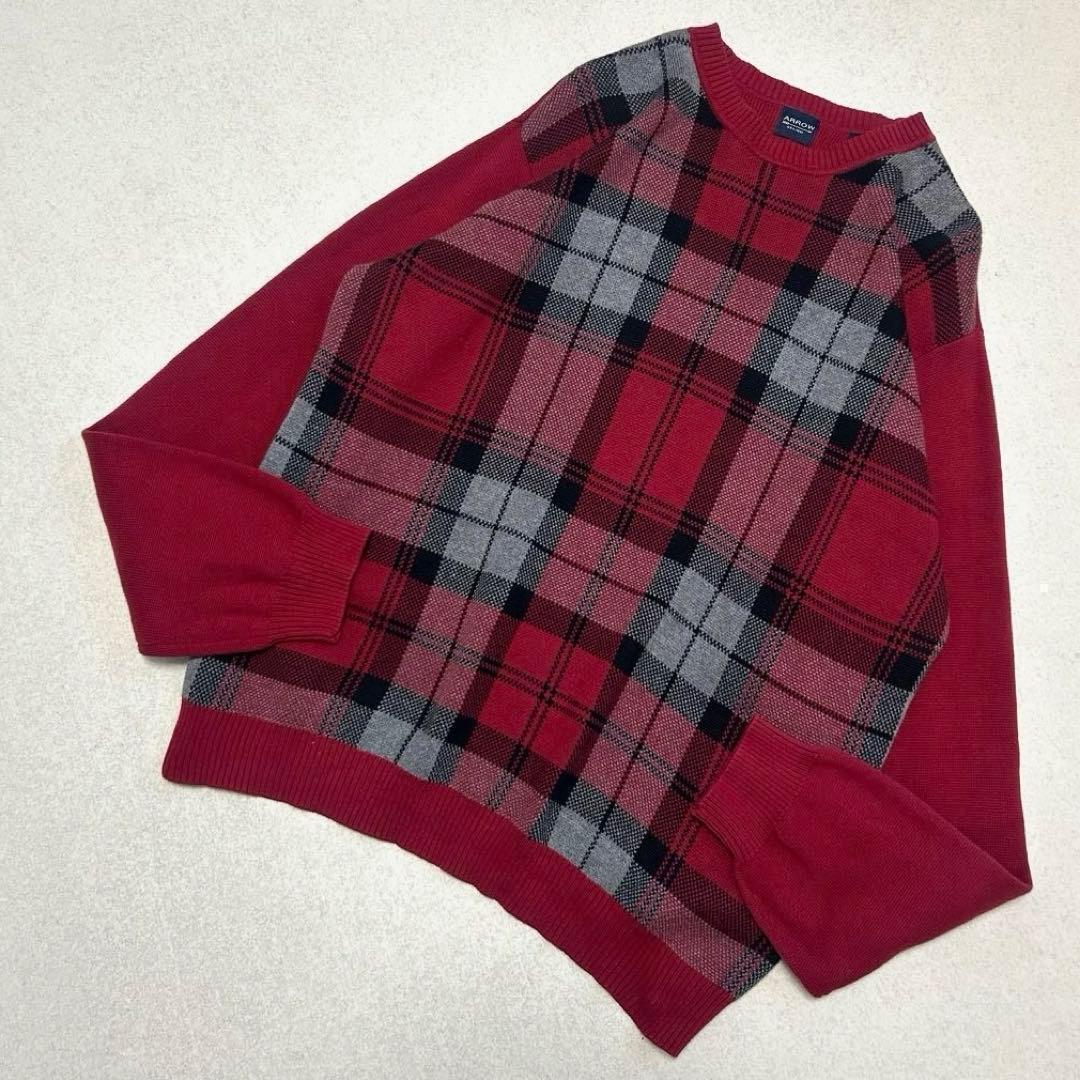 【極上】ARROWオーバーチェックハイゲージコットンニットセーター美品赤系 — image 2