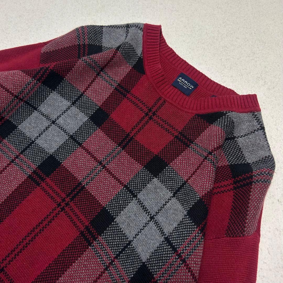 【極上】ARROWオーバーチェックハイゲージコットンニットセーター美品赤系 — image 5