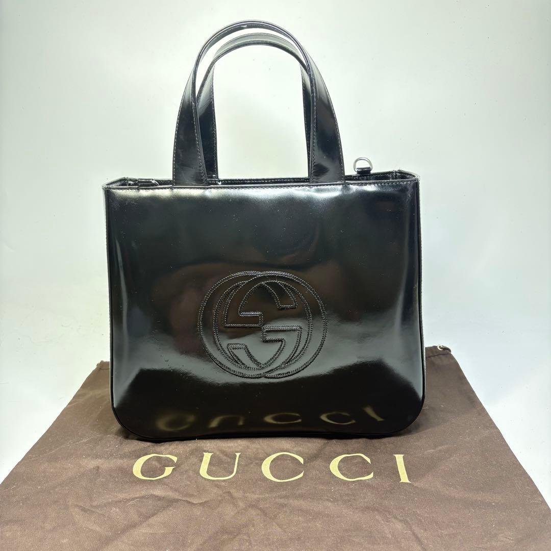 【美品】　GUCCI グッチ パテントレザー ハンドバッグ ブラック　リペア済み — image 2