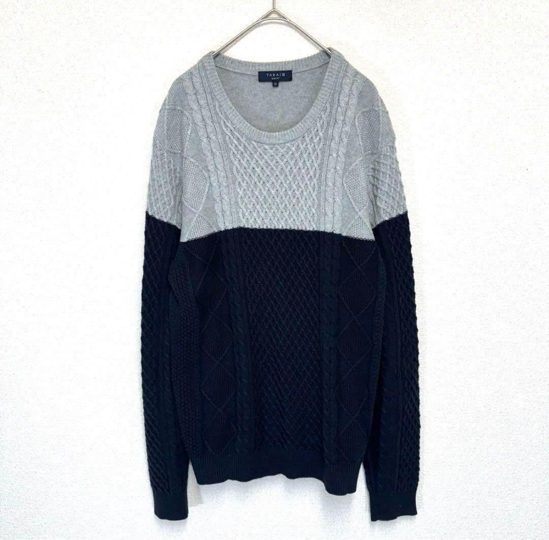 【タカキューTAKAQ】ニットセーター　長袖　ケーブル編み　グレー紺　◎美品　M — image 2
