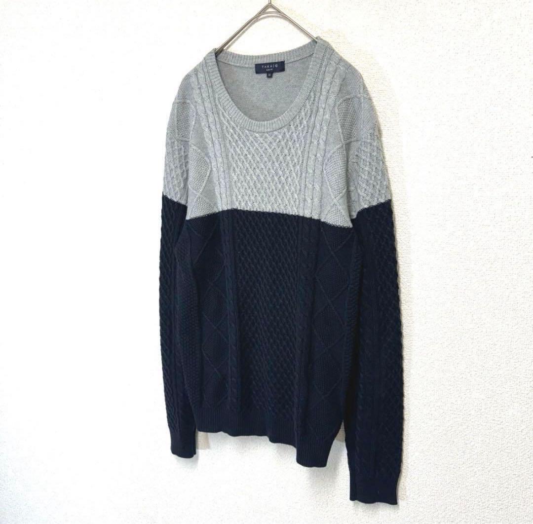 【タカキューTAKAQ】ニットセーター　長袖　ケーブル編み　グレー紺　◎美品　M — image 3