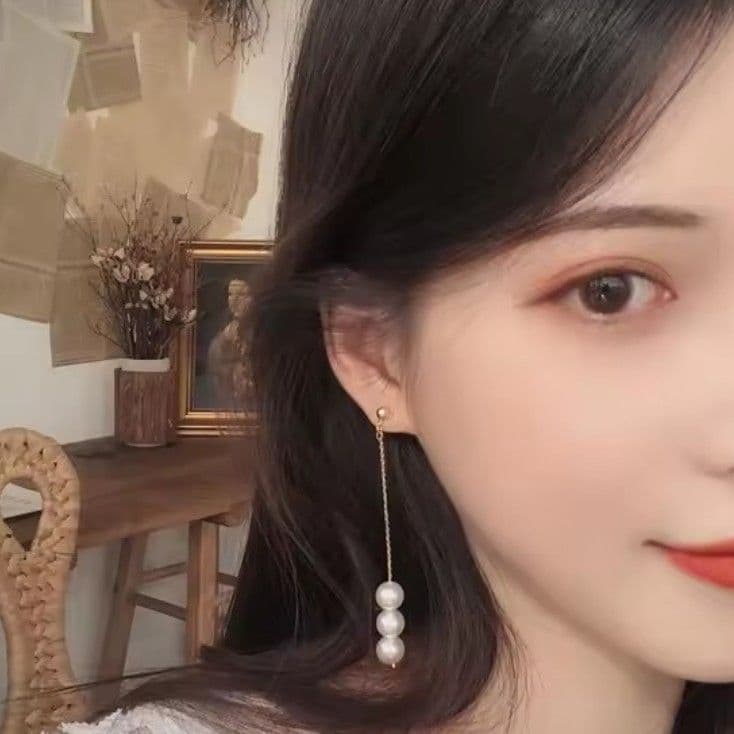 3連パール ロング レイヤー イヤリング ゴールド 韓国風 — image 2