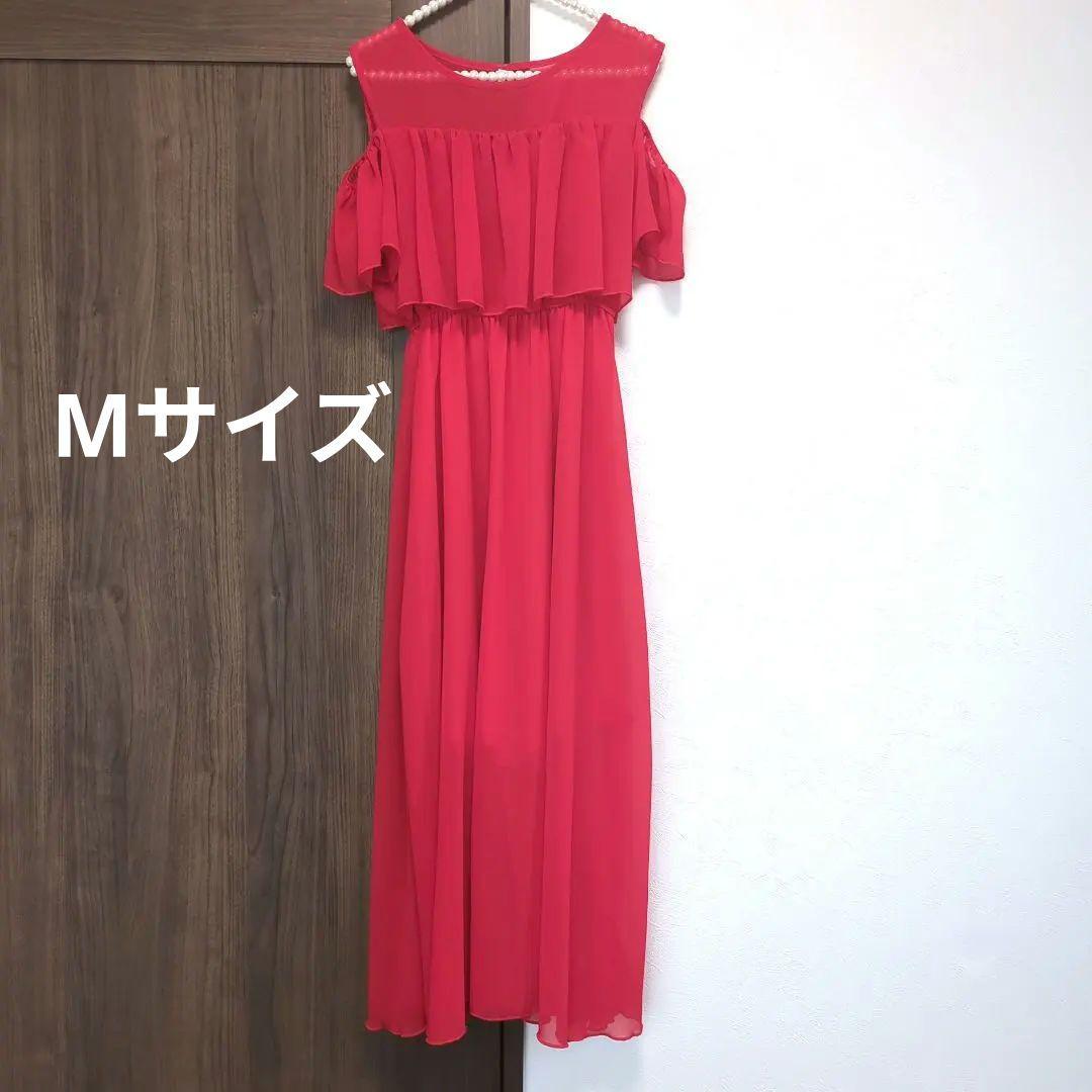 レッド オフショルダー ロングワンピース M　赤　シフォン — image 2