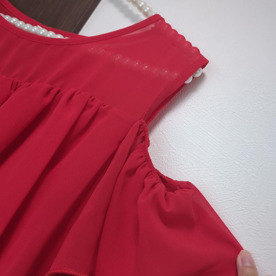 レッド オフショルダー ロングワンピース M　赤　シフォン — image 3