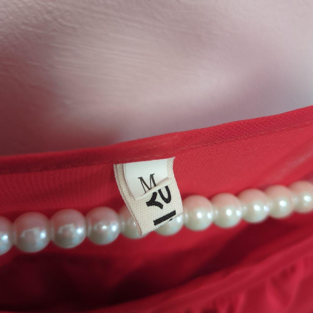 レッド オフショルダー ロングワンピース M　赤　シフォン — image 4