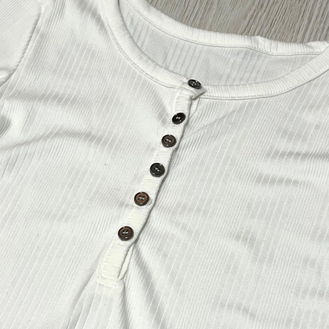 ホワイト リブ 長袖 ヘンリーネック カットソー — image 3