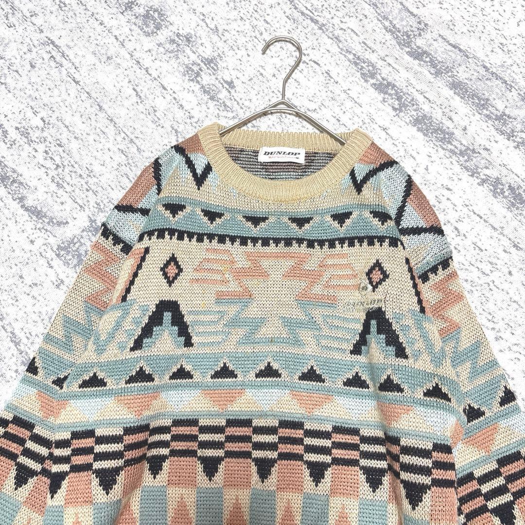 【ダンロップ】ニット セーター ビンテージ M ベージュ ピンク 長袖 ウール混 — image 2